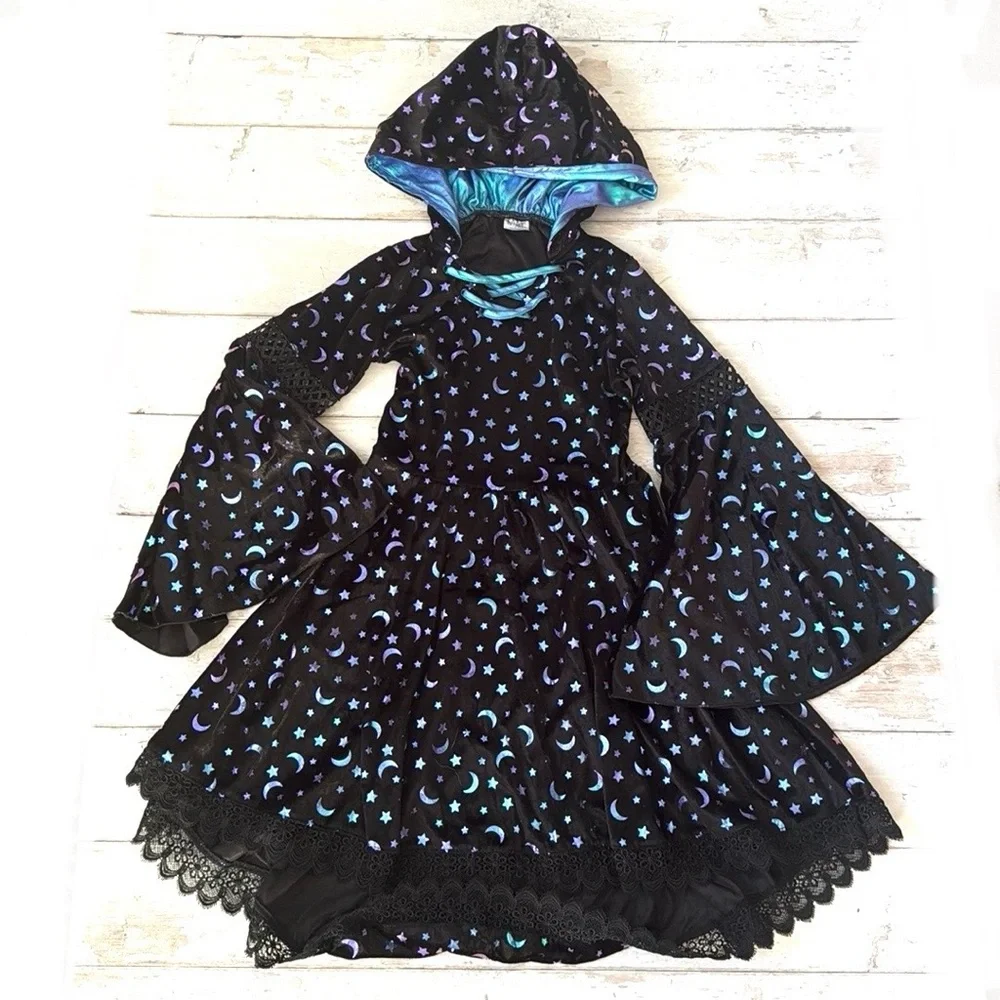 Girls Size 12 Witch Costume Dress Hooded Cape Spirit Halloween Wizard Kids